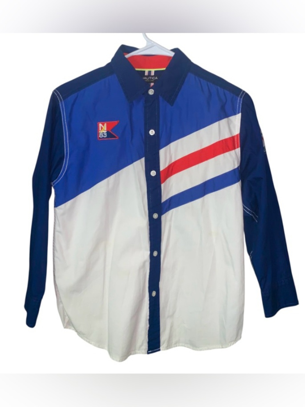 Nautica Blue, White & Red Diagonal Colorblock Button-Down Shirt for Boys